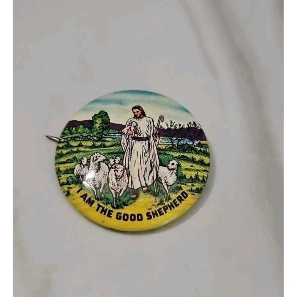 I am the Good Shepherd Christian Religious Jesus Lambs Pinback Button Vintage